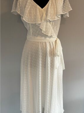 Tommy Hilfiger Elegant White Ruffle Midi Dress with Tie Waist